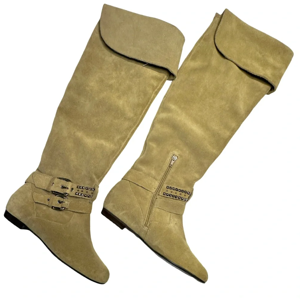 BCBG Generation | Over the Knee Suede Boot Christina New Taupe Spike Stud Accent